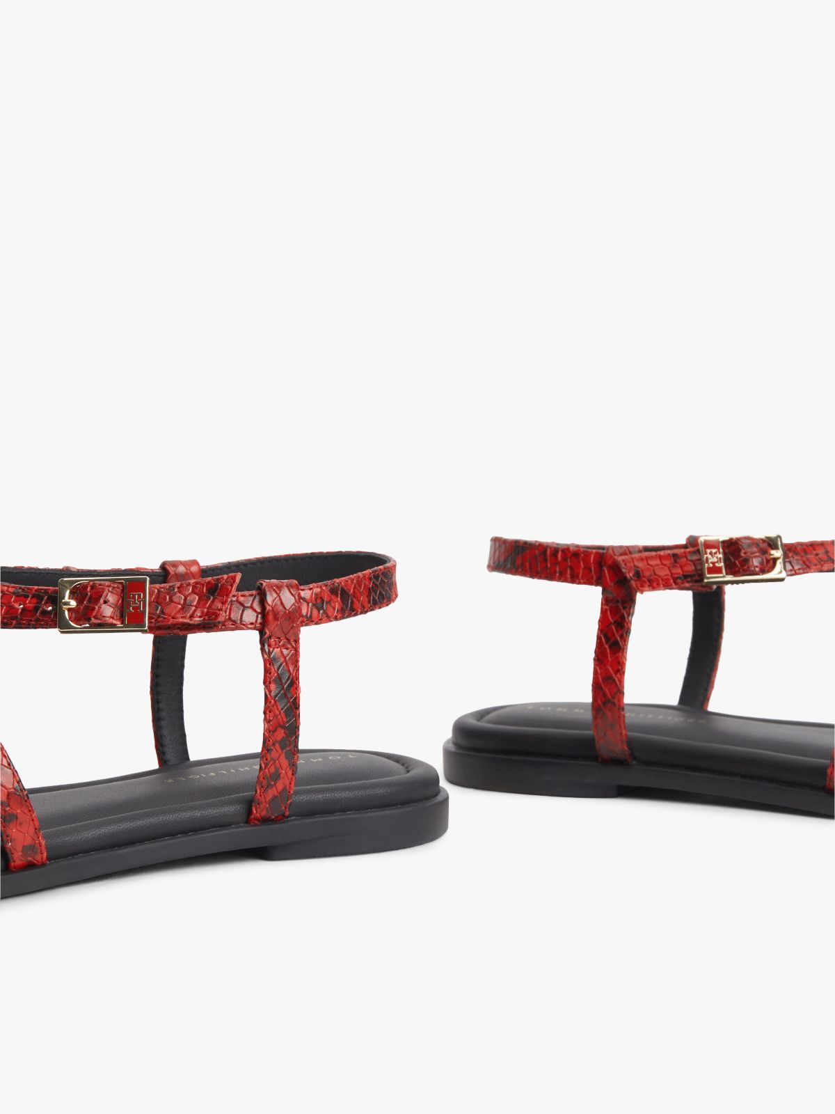 Snake-Embossed Buckled Leather Sandal — Red Snake