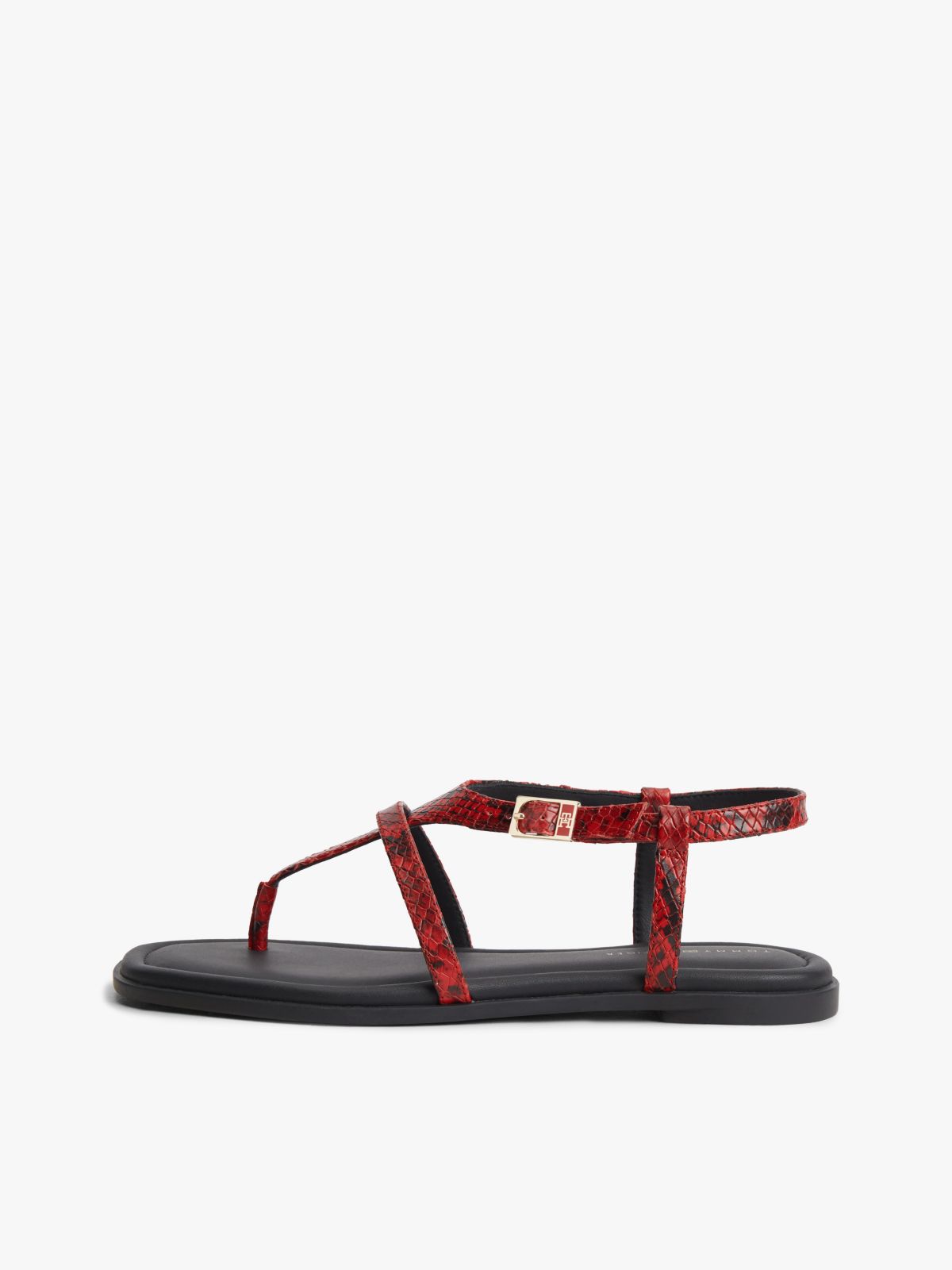 Snake-Embossed Buckled Leather Sandal — Red Snake