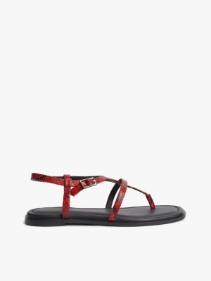 Snake-Embossed Buckled Leather Sandal, Red Snake