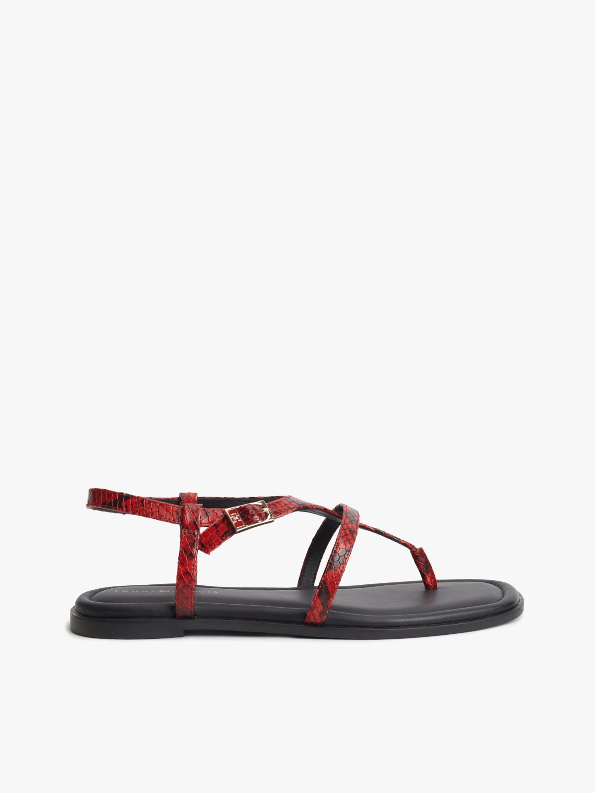 Snake-Embossed Buckled Leather Sandal — Red Snake
