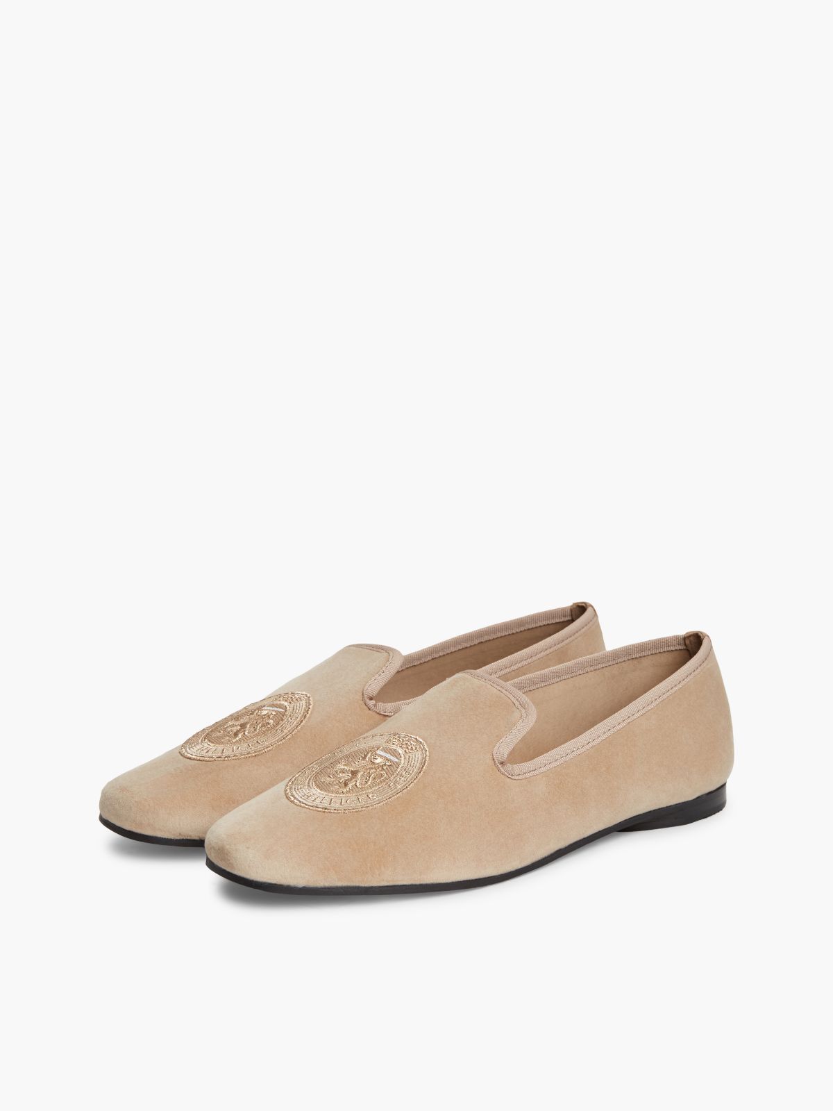 Embroidered Crest Velour Slipper Loafer — Horseradish