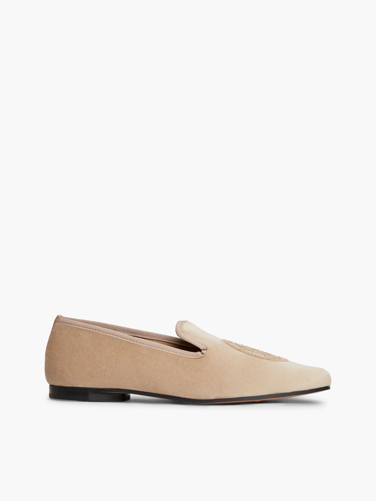Embroidered Crest Velour Slipper Loafer — Horseradish