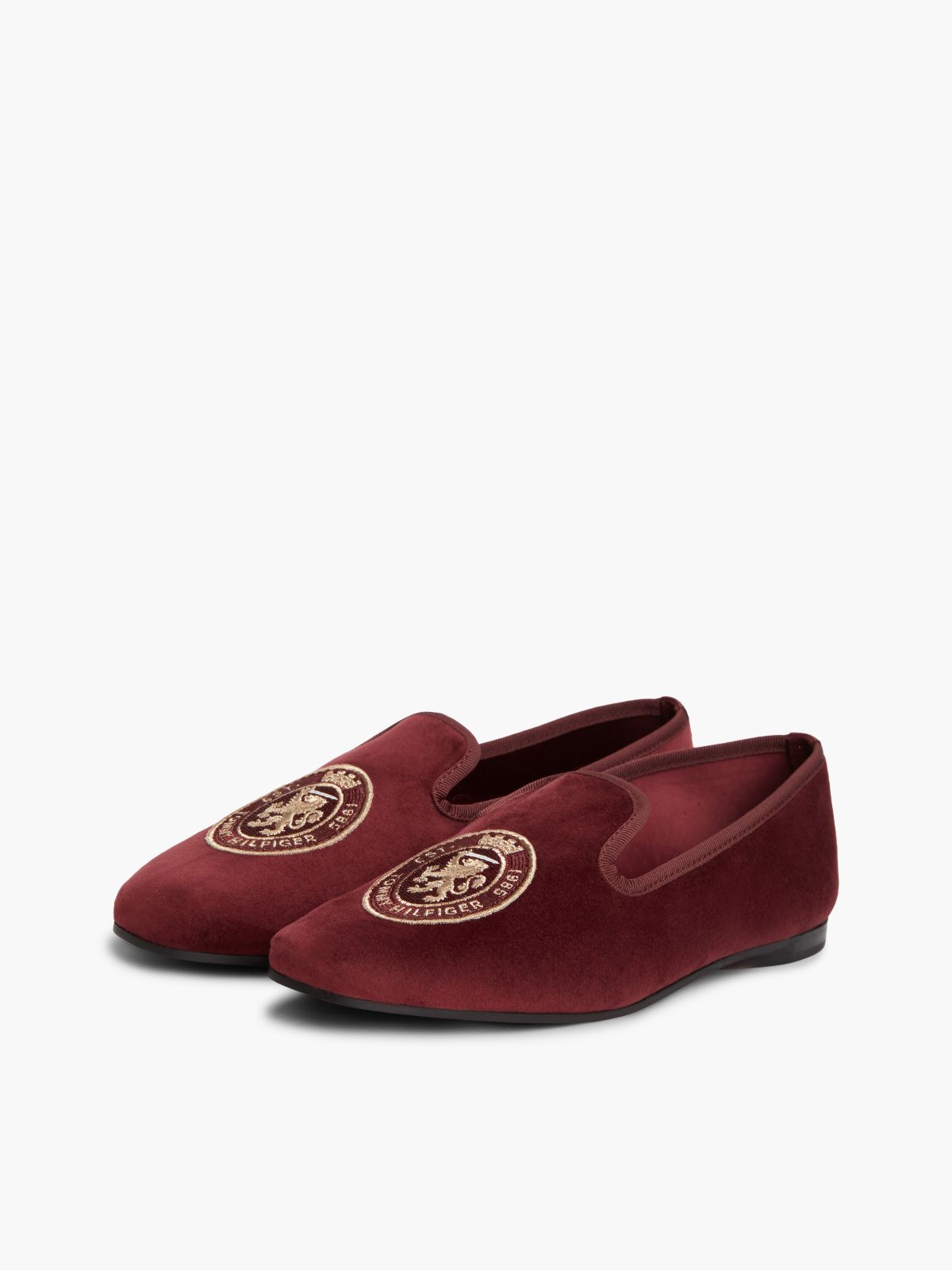 Embroidered Crest Velour Slipper Loafer — Oxblood