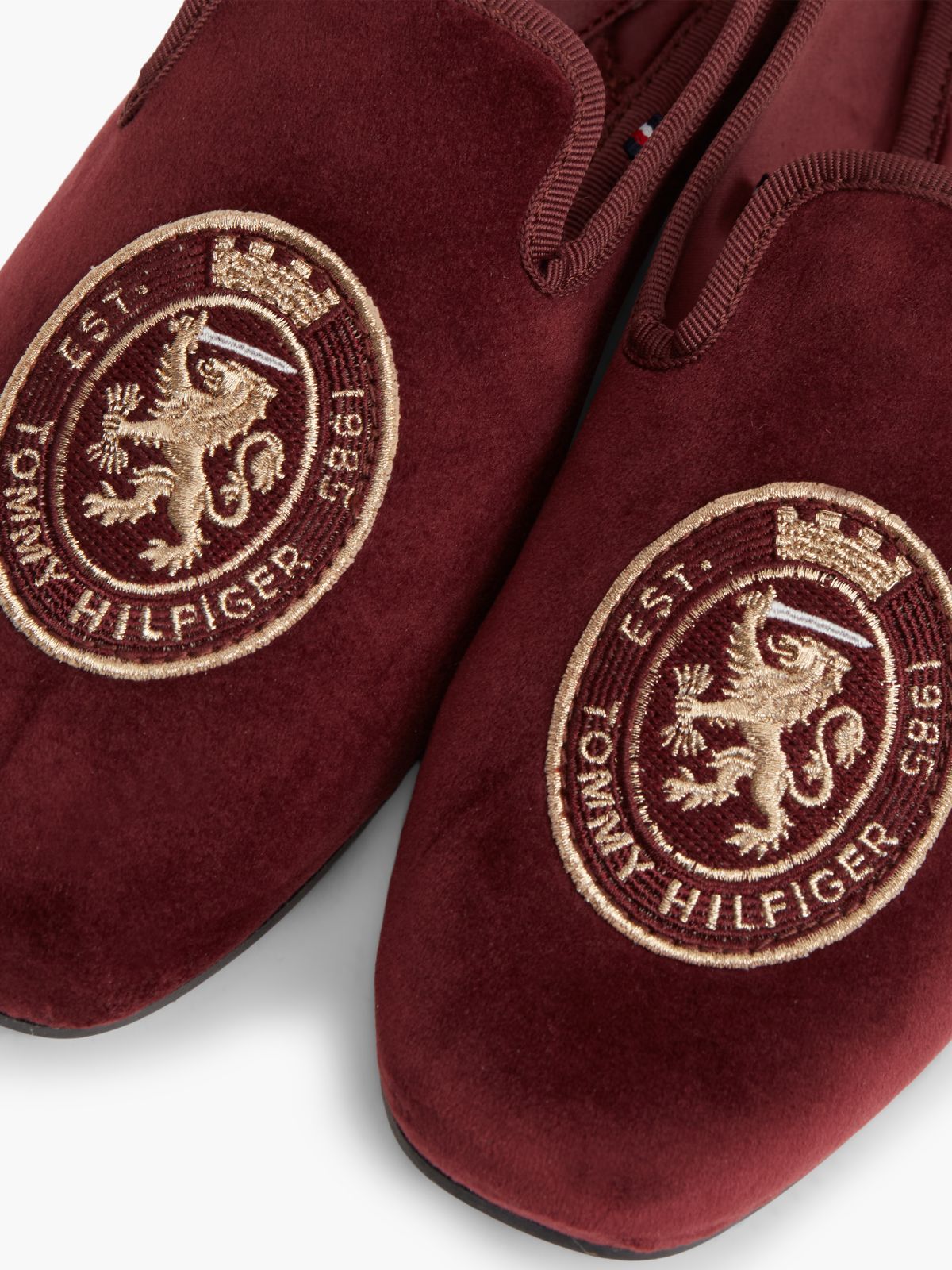 Embroidered Crest Velour Slipper Loafer — Oxblood
