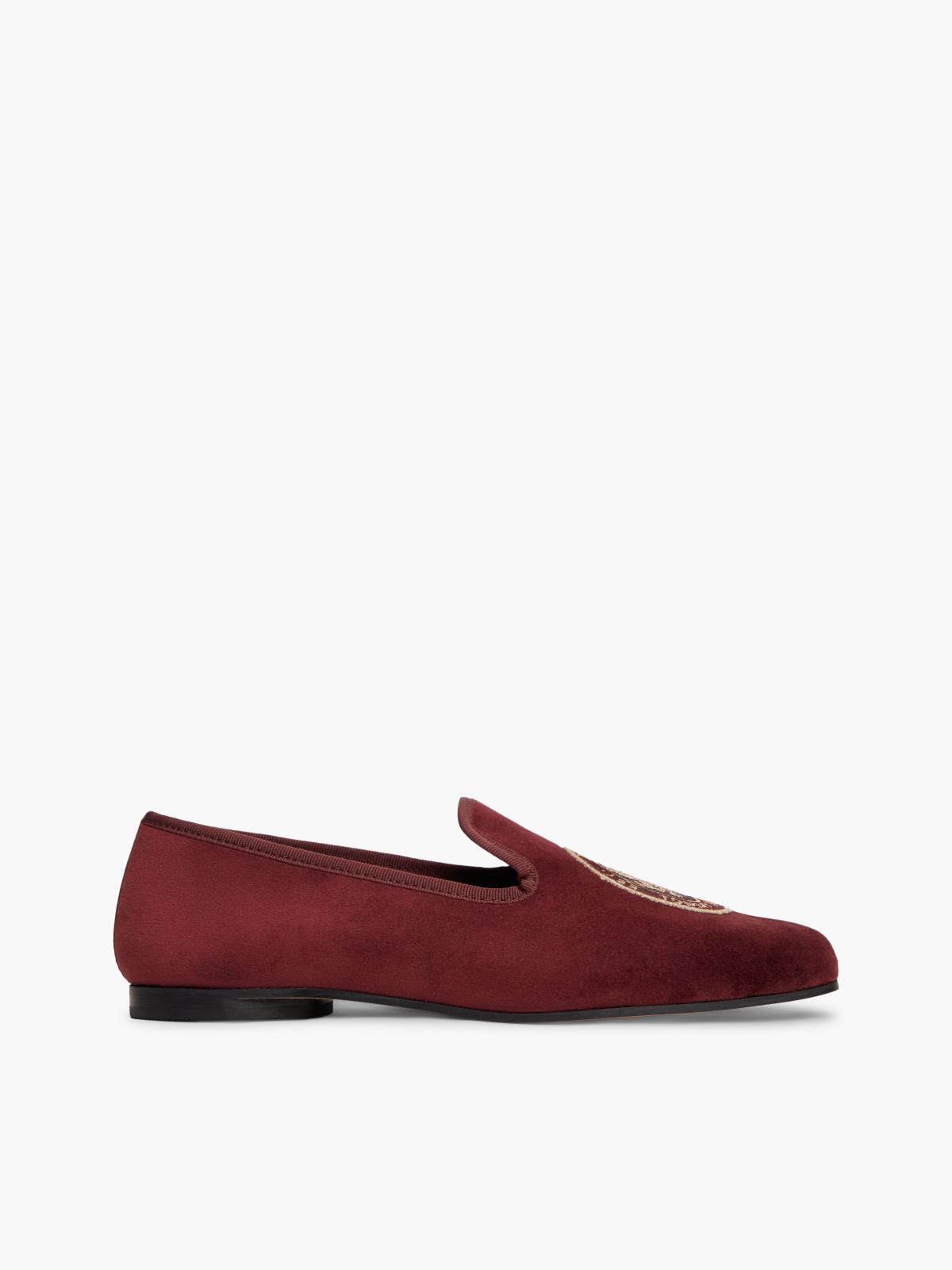 Embroidered Crest Velour Slipper Loafer — Oxblood