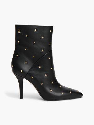 Studded Heeled Leather Ankle Boot, Black