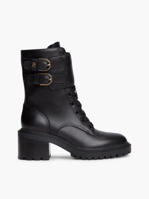 Heeled Leather Biker Boot, Black
