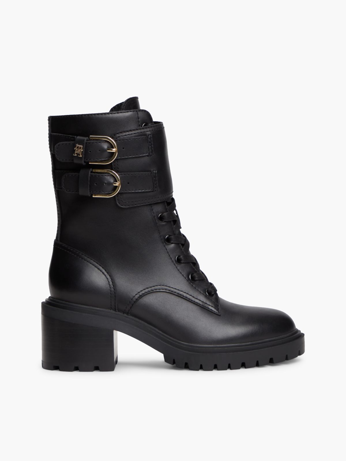 Heeled Leather Biker Boot — Black