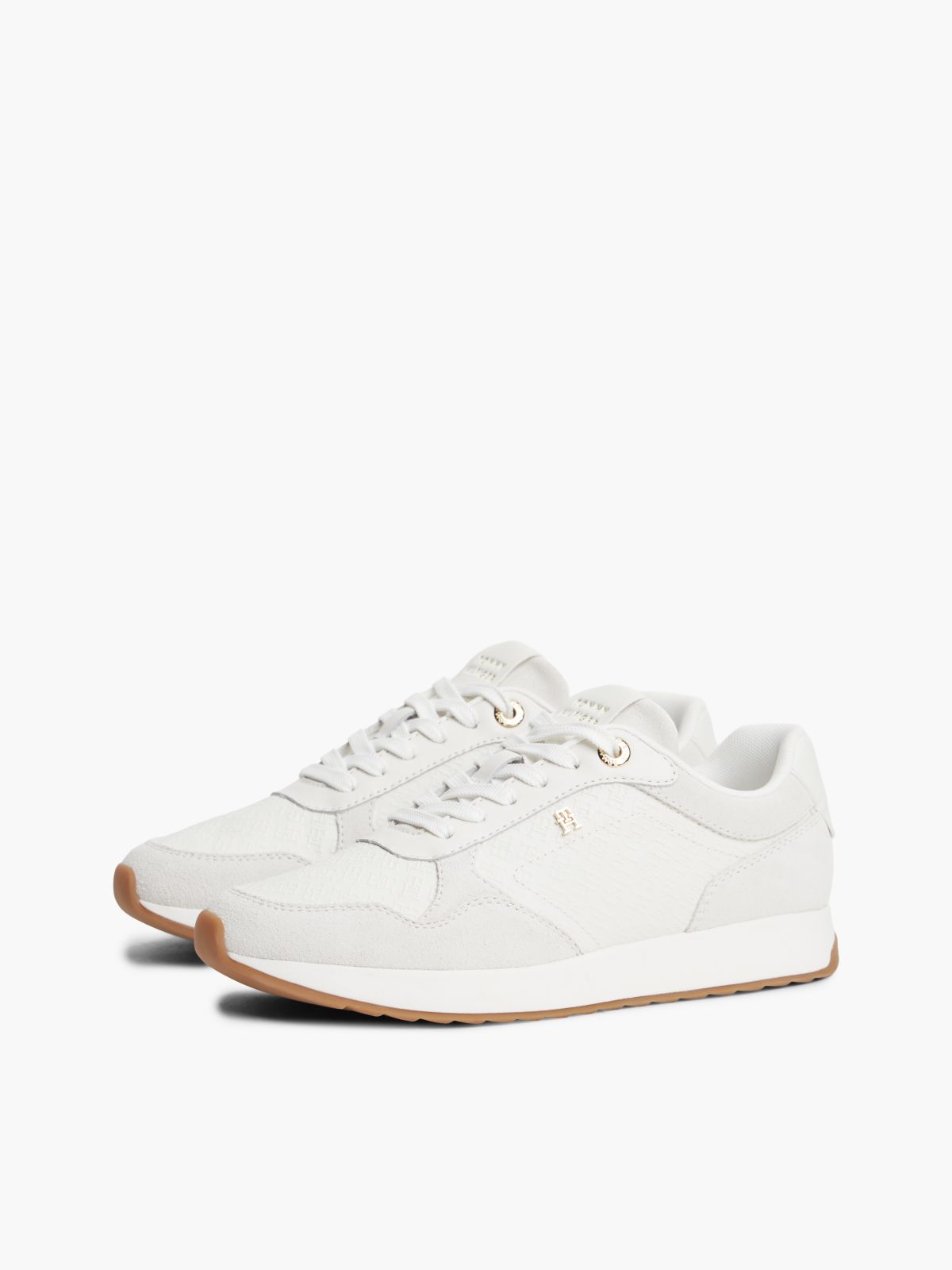 Monogram-Embossed Suede Runner Sneaker — Ecru