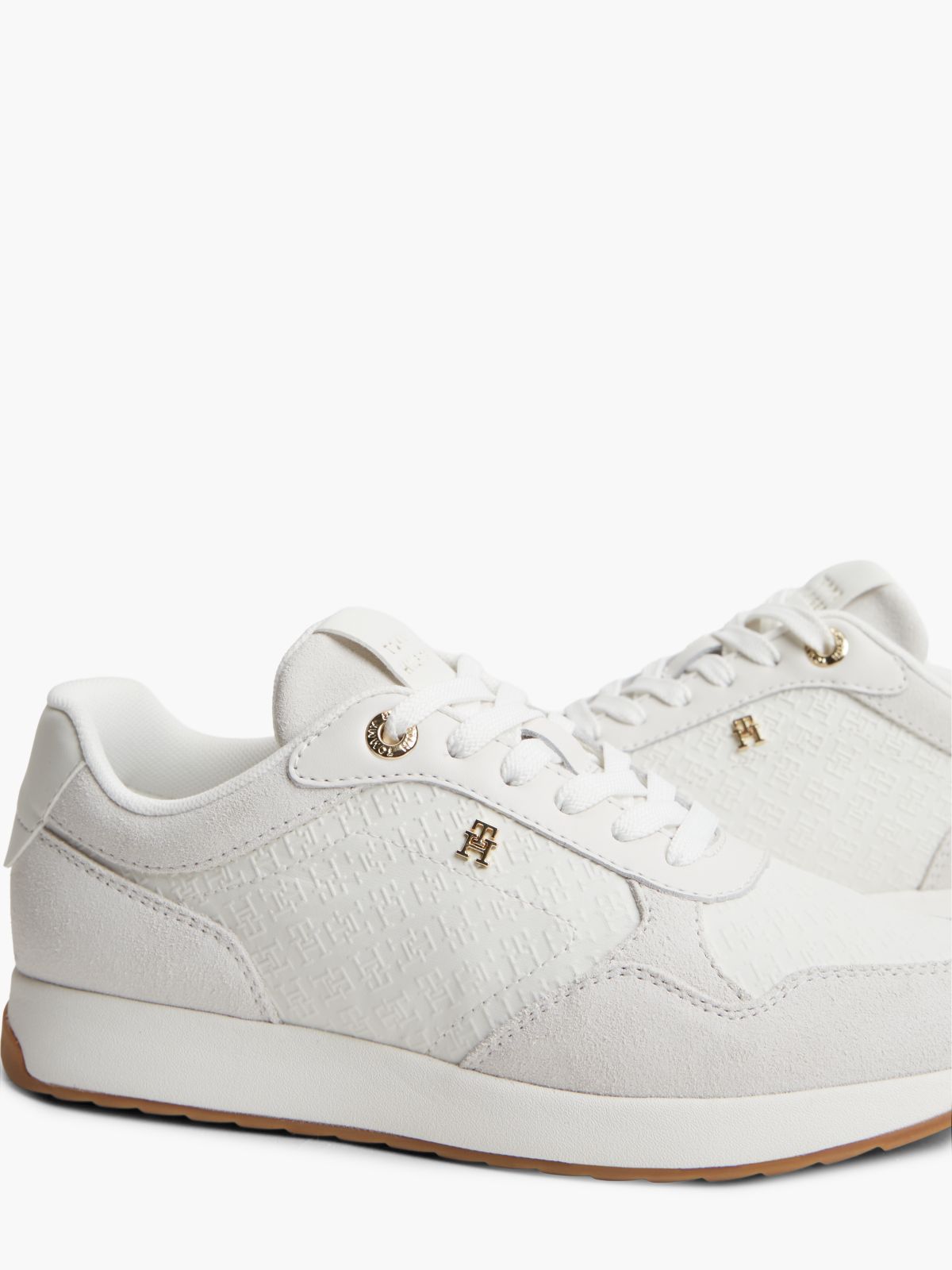Monogram-Embossed Suede Runner Sneaker — Ecru