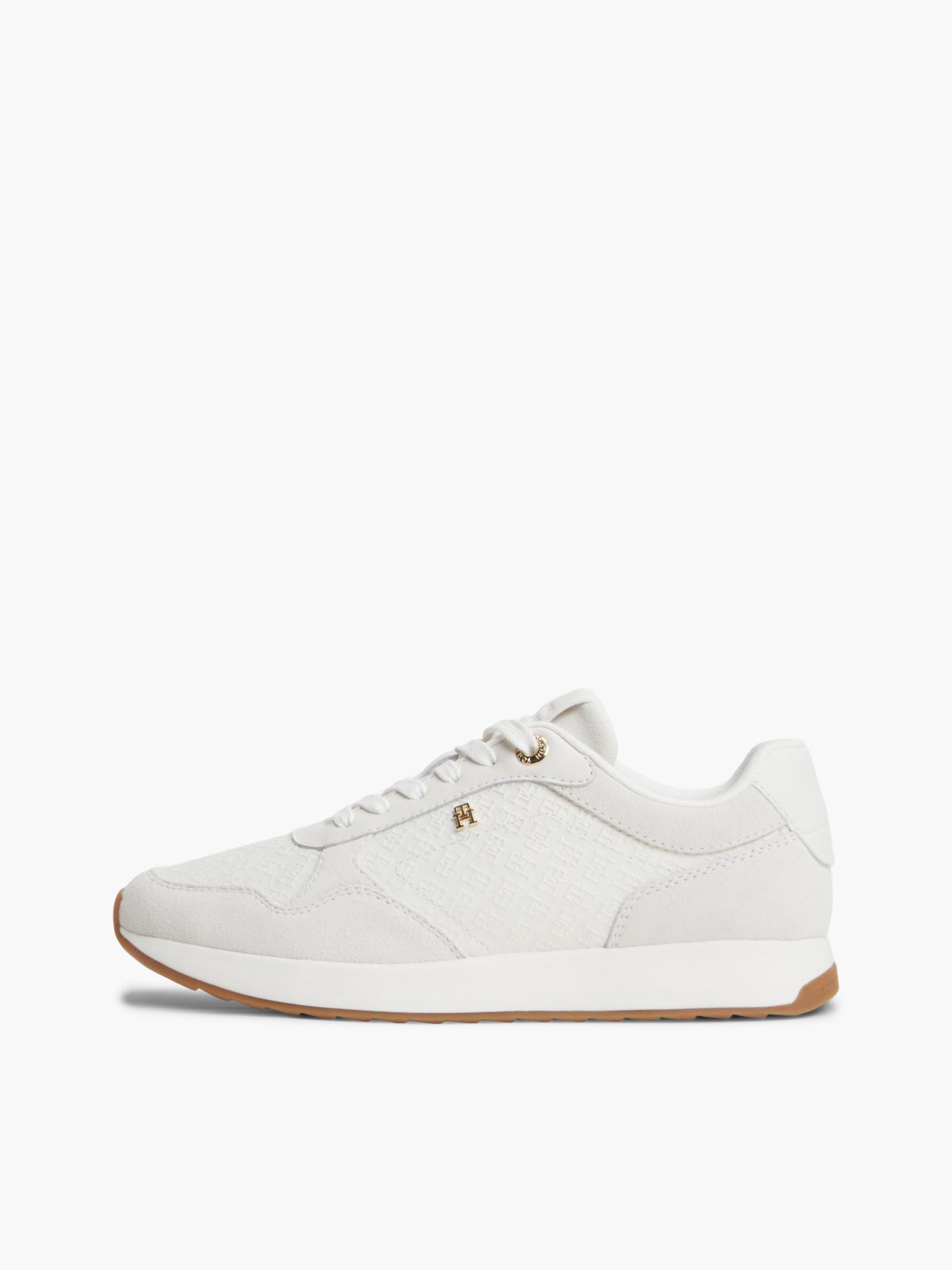 Monogram-Embossed Suede Runner Sneaker — Ecru