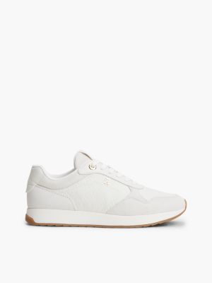 Monogram-Embossed Suede Runner Sneaker, Ecru