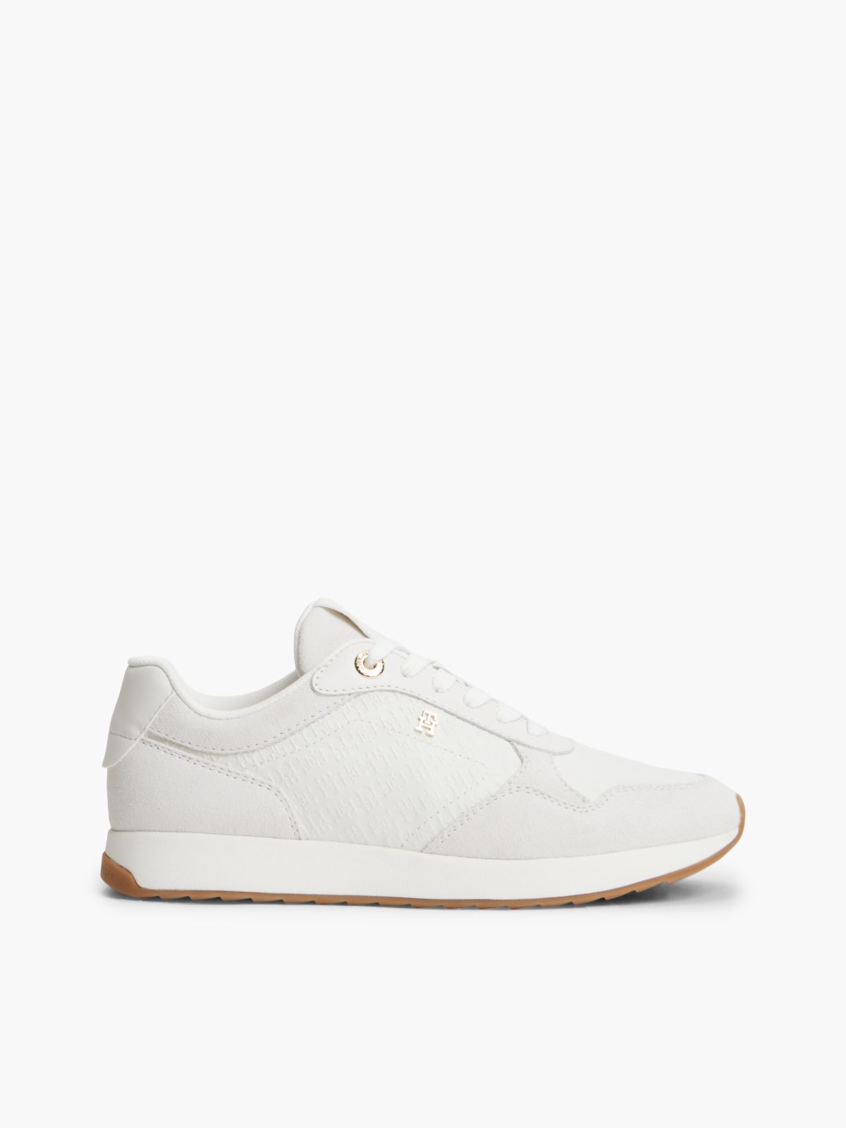 Monogram-Embossed Suede Runner Sneaker — Ecru