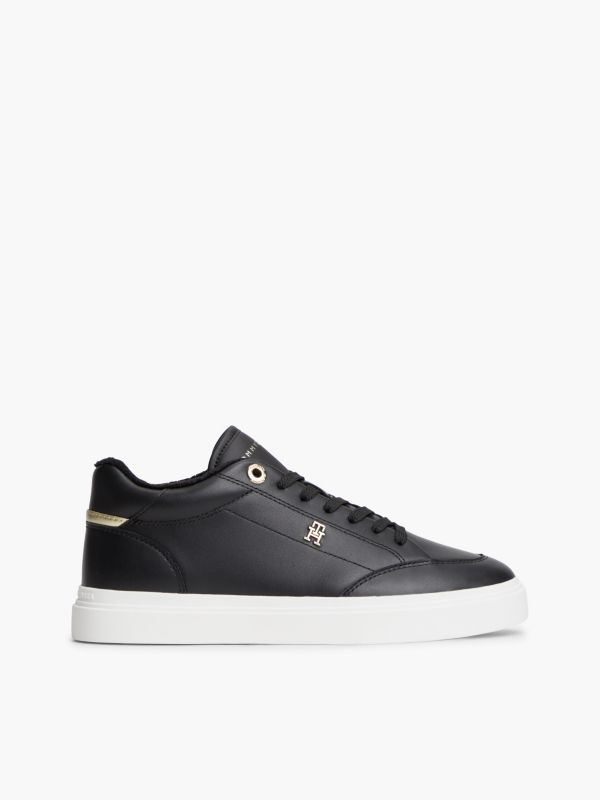Fleece-Lined Leather Cupsole Sneaker — Black