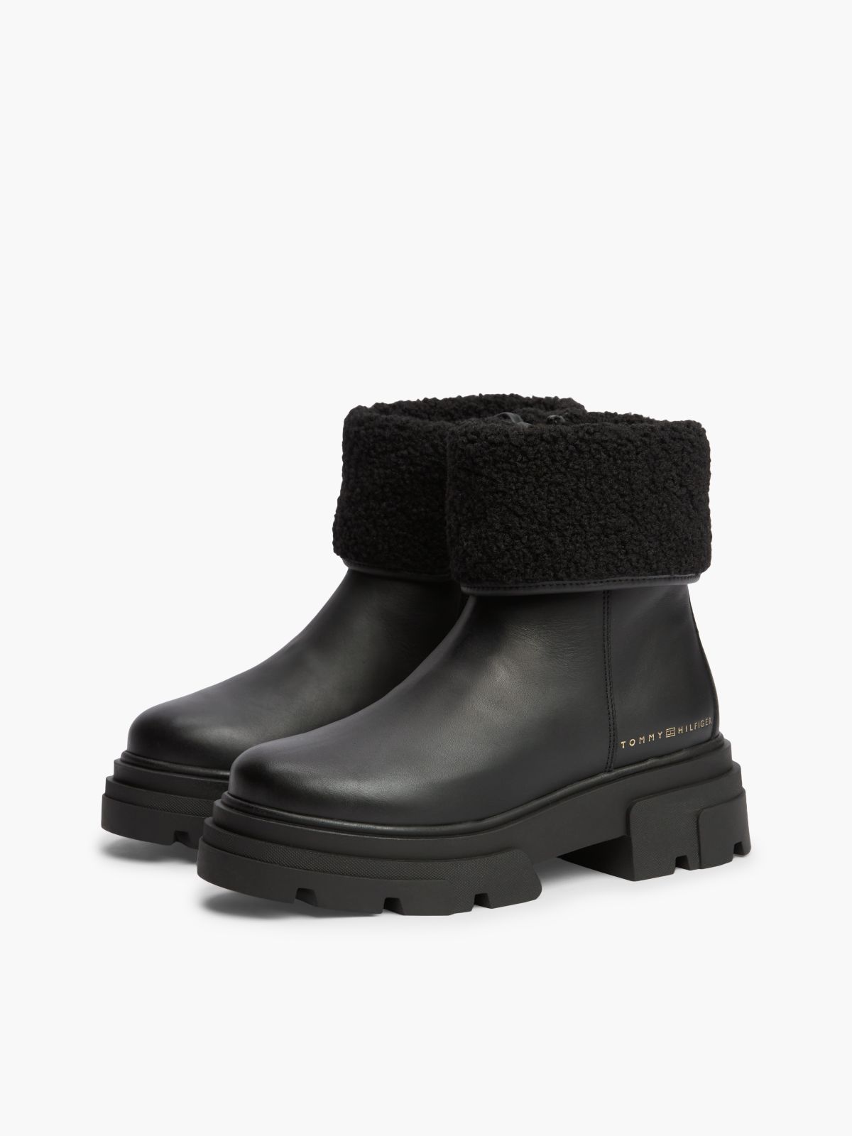 Fold-Over Cuff Leather Ankle Boot — Black