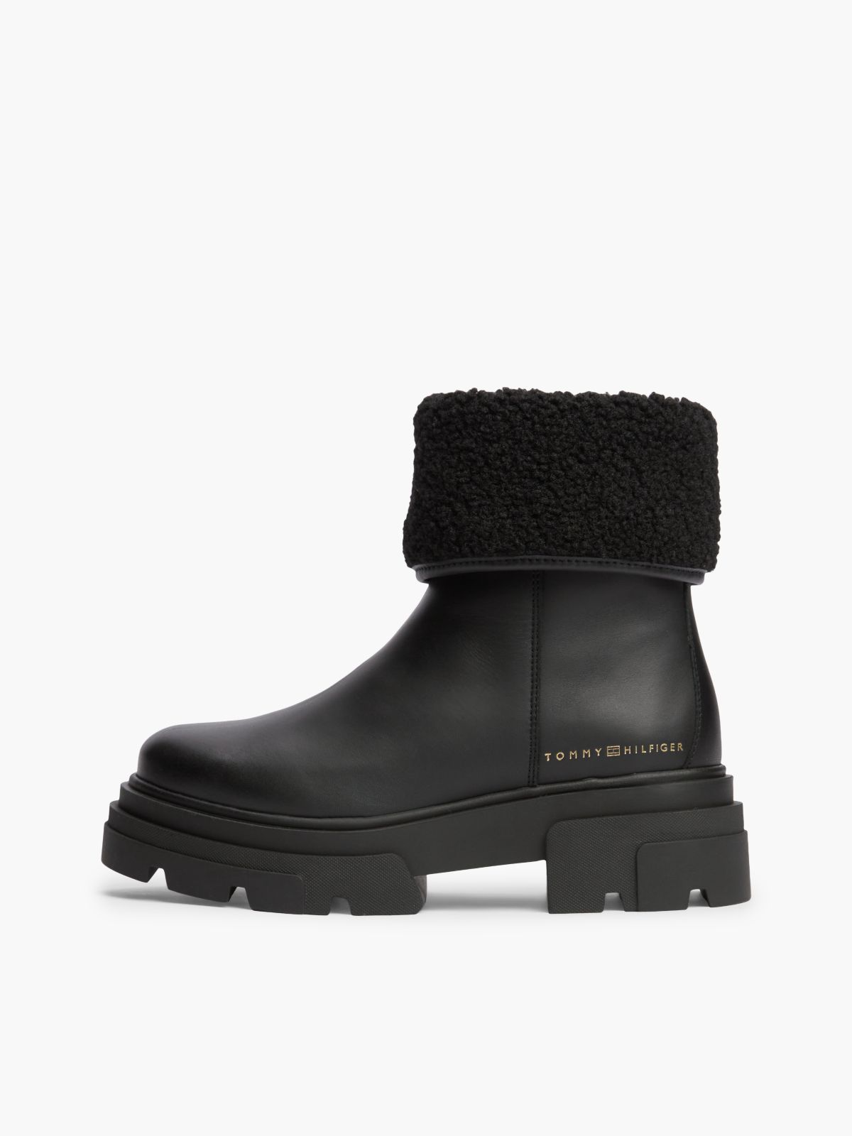Fold-Over Cuff Leather Ankle Boot — Black