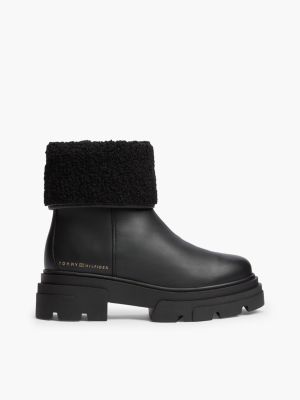Fold-Over Cuff Leather Ankle Boot, Black