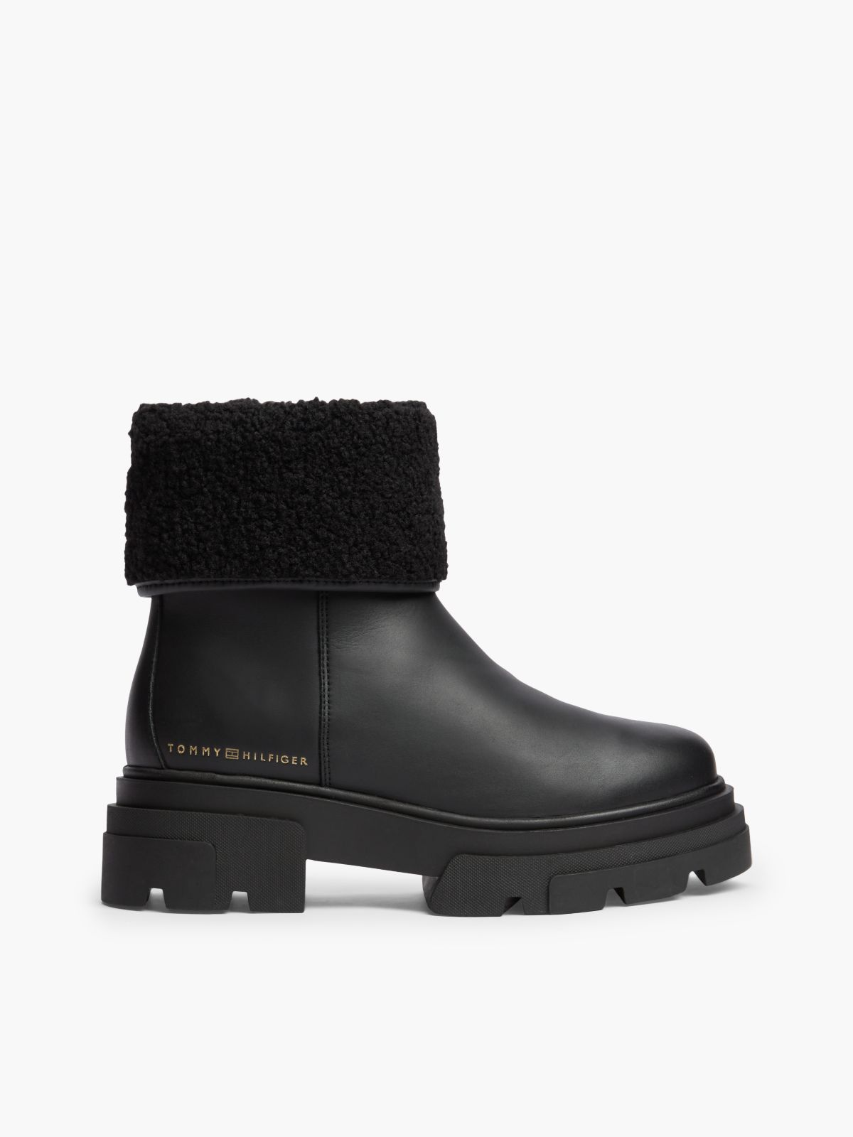 Fold-Over Cuff Leather Ankle Boot — Black