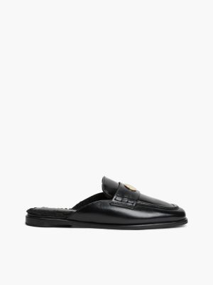 Fleece-Lined Leather Loafer Mule, Black