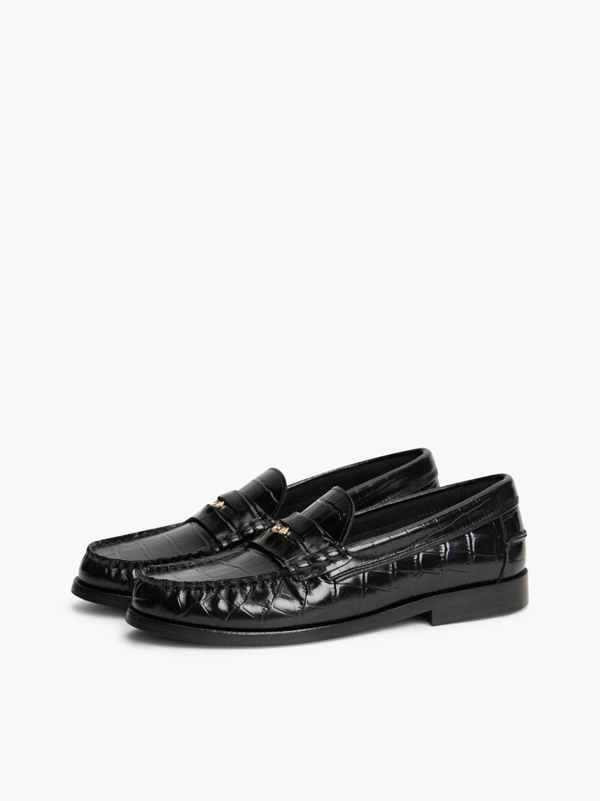 Croc-Embossed Leather Penny Loafer — Black