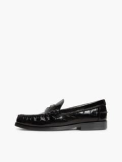 Croc-Embossed Leather Penny Loafer — Black 7