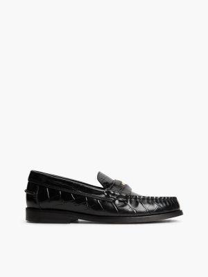 Croc-Embossed Leather Penny Loafer, Black