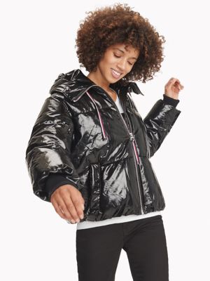 womens shiny black puffer coat