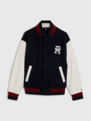 Buy Men's Blue & Red Color Block Varsity Bomber Jacket Online at