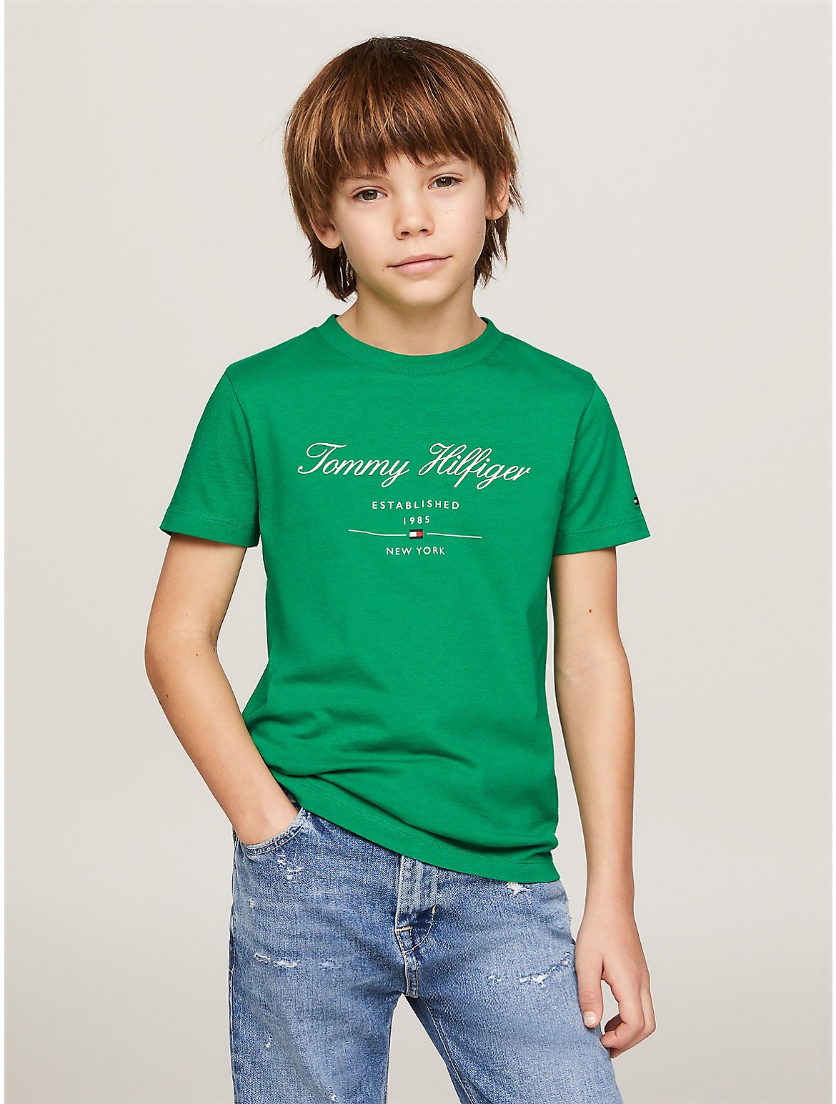 Tommy Hilfiger Boys' Kids' Script Logo Cotton Jersey T-Shirt - Green - 10