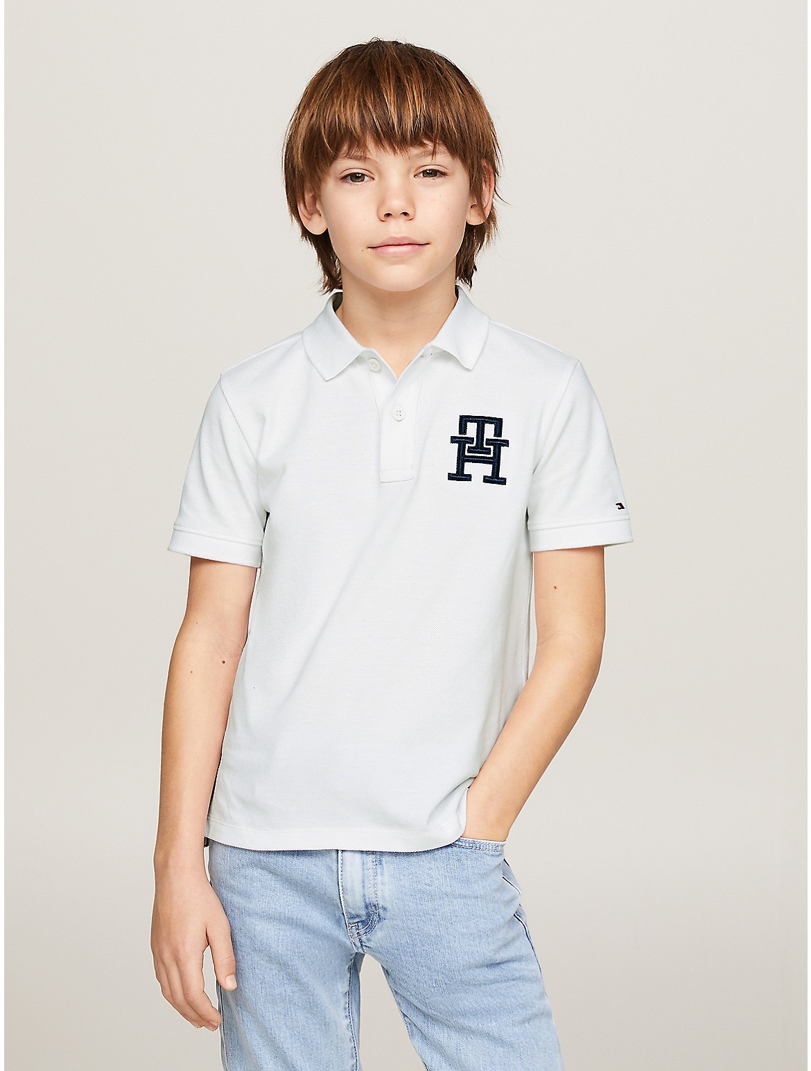 Tommy Hilfiger Boys' Kids' TH Monogram Pique Polo - White/Natural - 10