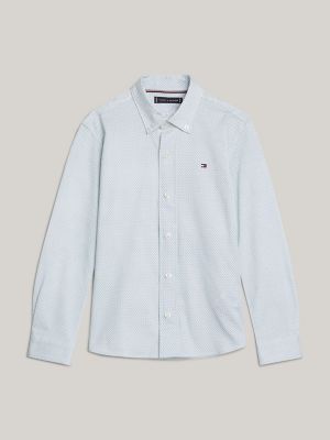 Kids' Regular Fit Microprint Shirt, White Base/Green Print