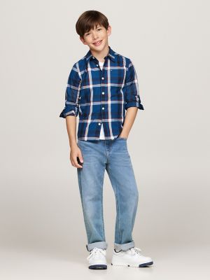 Kids' Check Print Stretch Shirt, Deep Indigo