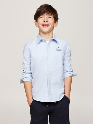 Chemise oxford extensible à logo Tommy pour enfant, bleu bruyère