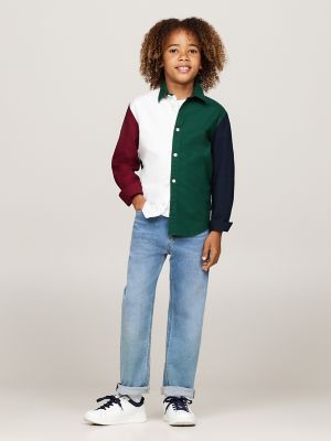 Kids' Colorblock Stretch Shirt, Ornamental Green / Rouge / Blue