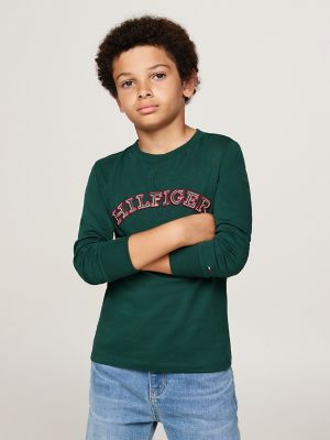 T-shirt à logo monotype brodé pour enfant, vert ornemental