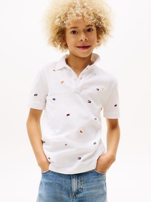 Kids' Allover Embroidered Flag Polo, White