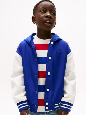 Kids' Back Logo Hooded Bomber Jacket, Cobalt Blue / White