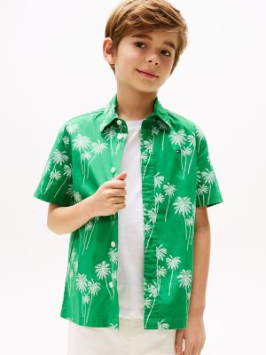 Kids' Print Stretch-Cotton Poplin Shirt, Green Palm Print