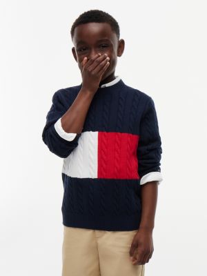 Kids' Flag Cable Knit Crewneck Sweater, Blue Flag