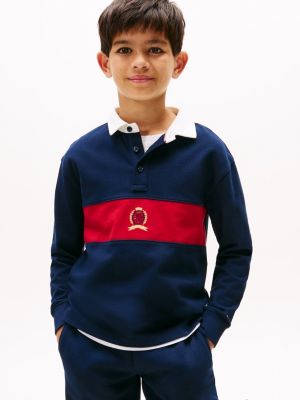 Kids' Long-Sleeve Crest Logo Polo, Dark Blue