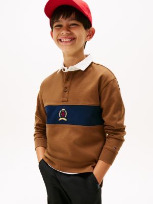 Kids' Long-Sleeve Crest Logo Polo, Pecan Nut