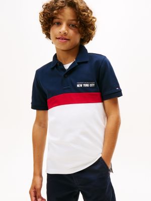 Kids' NYC Graphic Stretch Polo Shirt, Dark Blue Colorblock