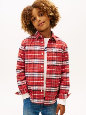 Kids' Check Stretch Shirt, Terracotta Red Check
