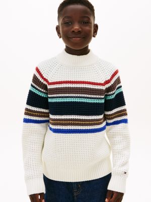 Kids' Stripe Textured Stitch Sweater, Ivory Silk
