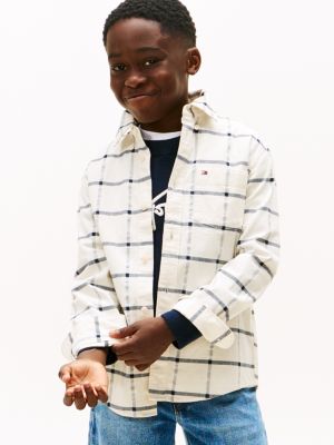 Kids' Windowpane Check Stretch Shirt, White Check