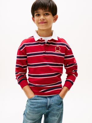 Kids' Rugby Stripe Interlock Polo, Medium Red