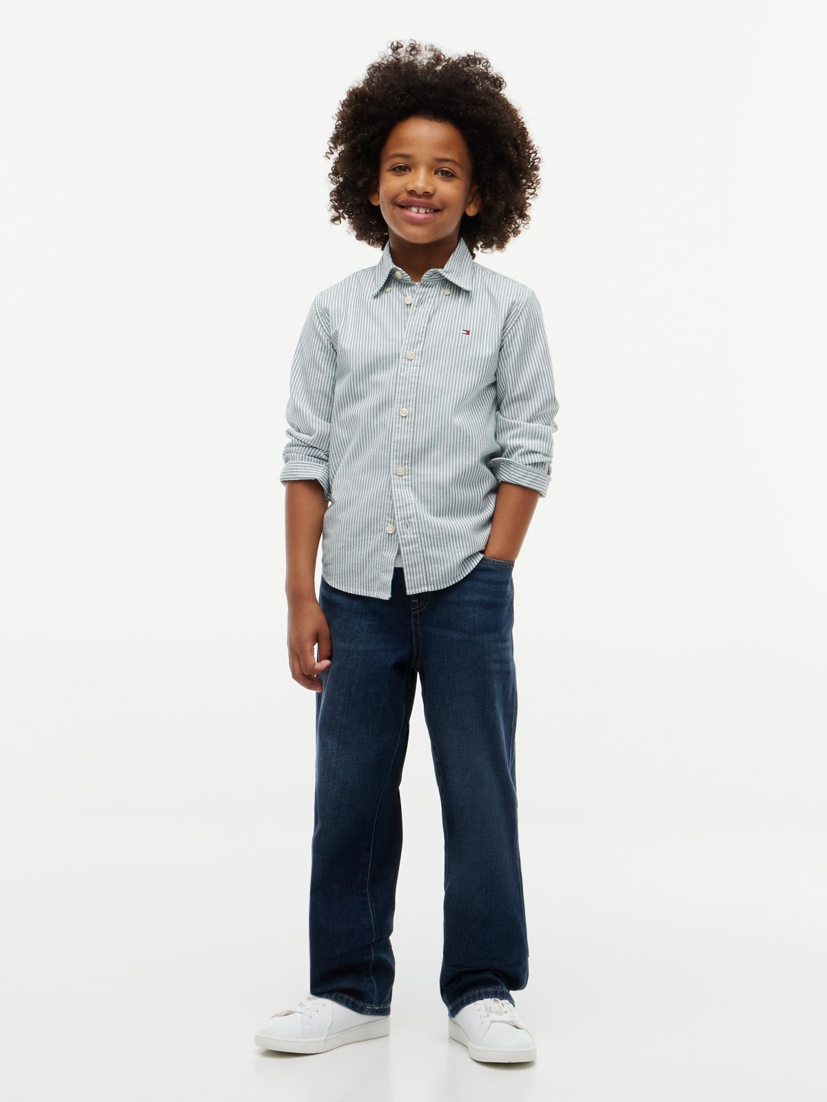 Kids' Stretch Oxford Shirt — Rural Green Stripes