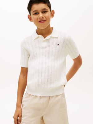 Kids' Open Knit Sweater Polo, Ivory Silk
