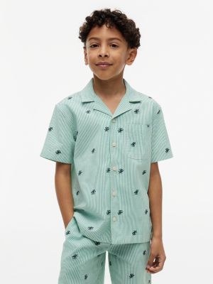 Kids' Monogram Logo Striped Camp Shirt, Jade