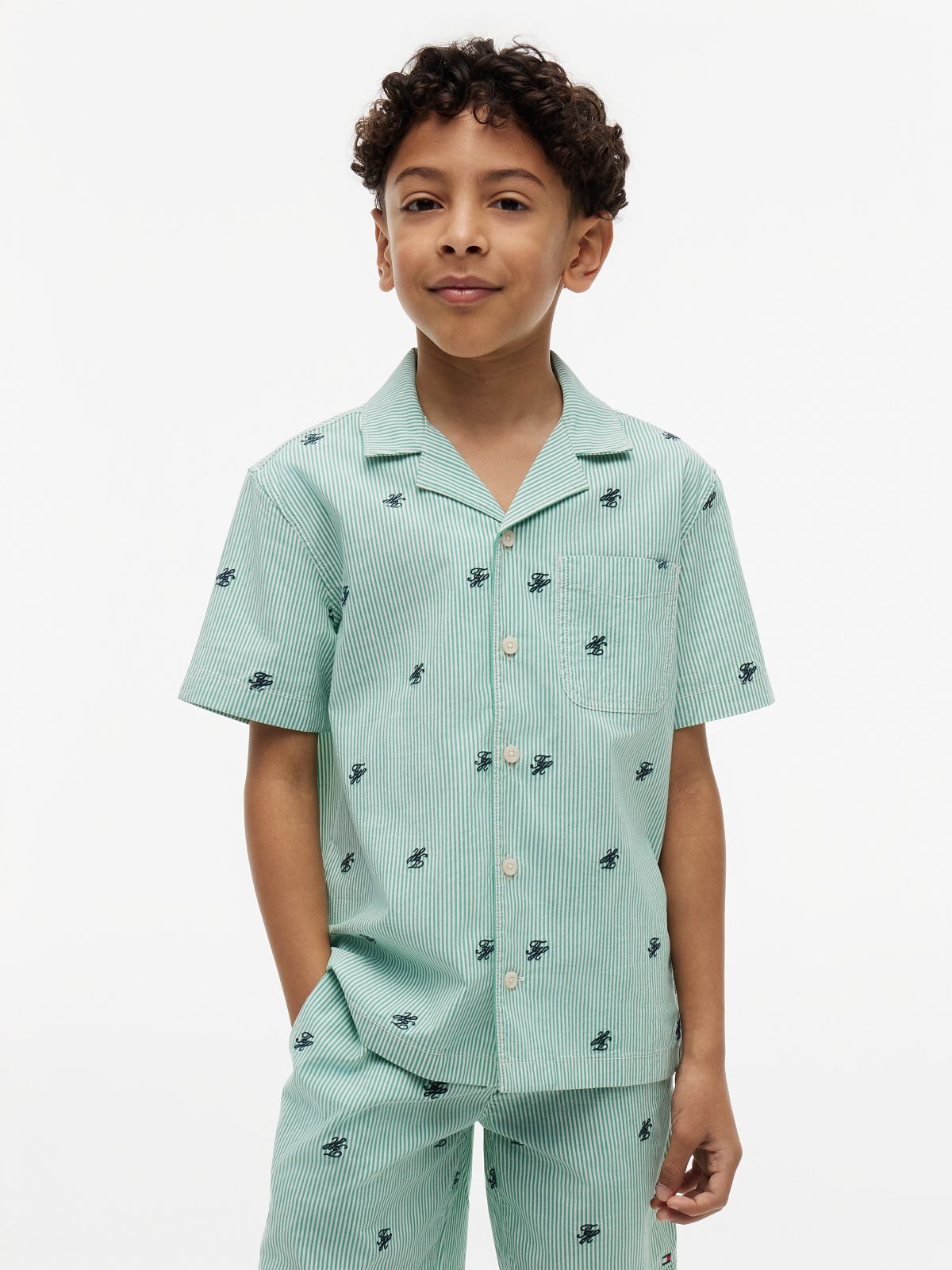 Kids' Monogram Logo Striped Camp Shirt — Jade